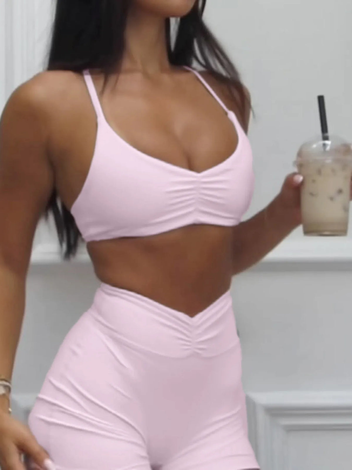 Women’s Ruched Sports Bra and High-Waisted Workout Shorts Set for Gym & Yoga