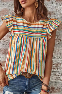 Women's Colorful Striped Cap Sleeve Blouse – Trendy Summer Top for Casual & Office Outfits