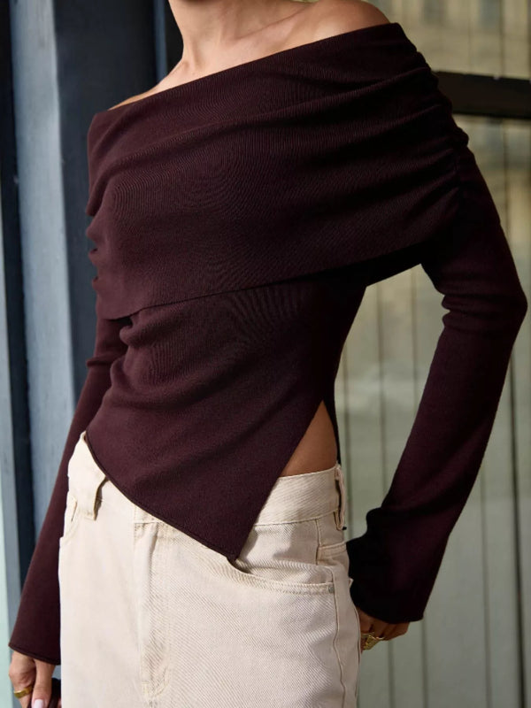 Asymmetrical Hem Off-Shoulder Knit Top | Casual Long Sleeve Top
