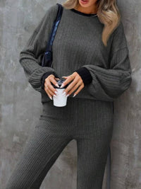 Contrast Round Neck Long Sleeve Top and Bootcut Pants Set Trandify Deal