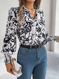 Printed Collared Neck Lantern Sleeve Shirt Trandify deal