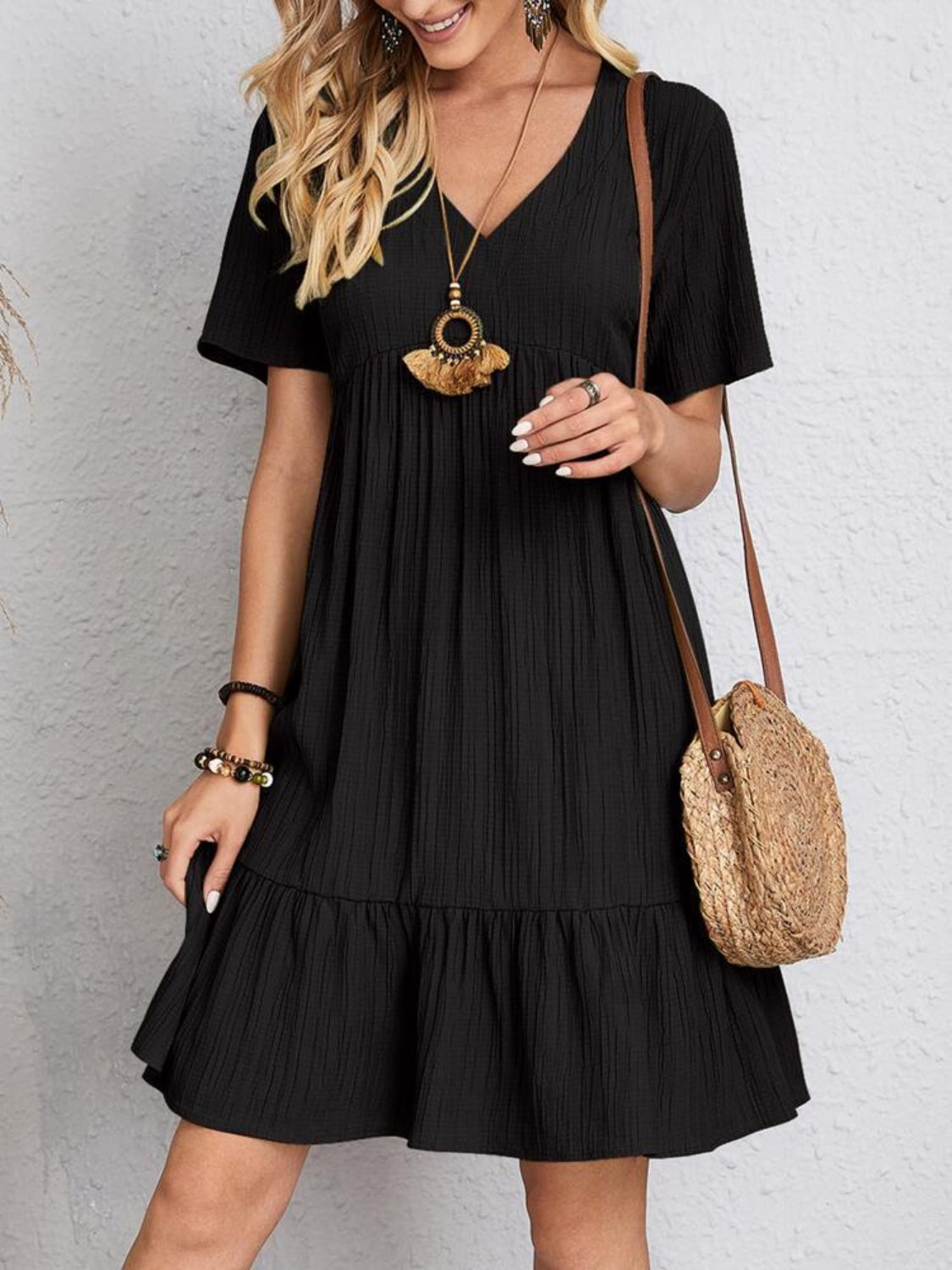 Full Size V-Neck Short Sleeve Dress Trandify deal