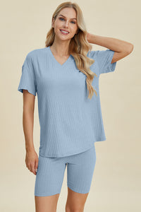 Basic Bae Full Size Ribbed V-Neck Short Sleeve Top and Shorts Set Trandify deal