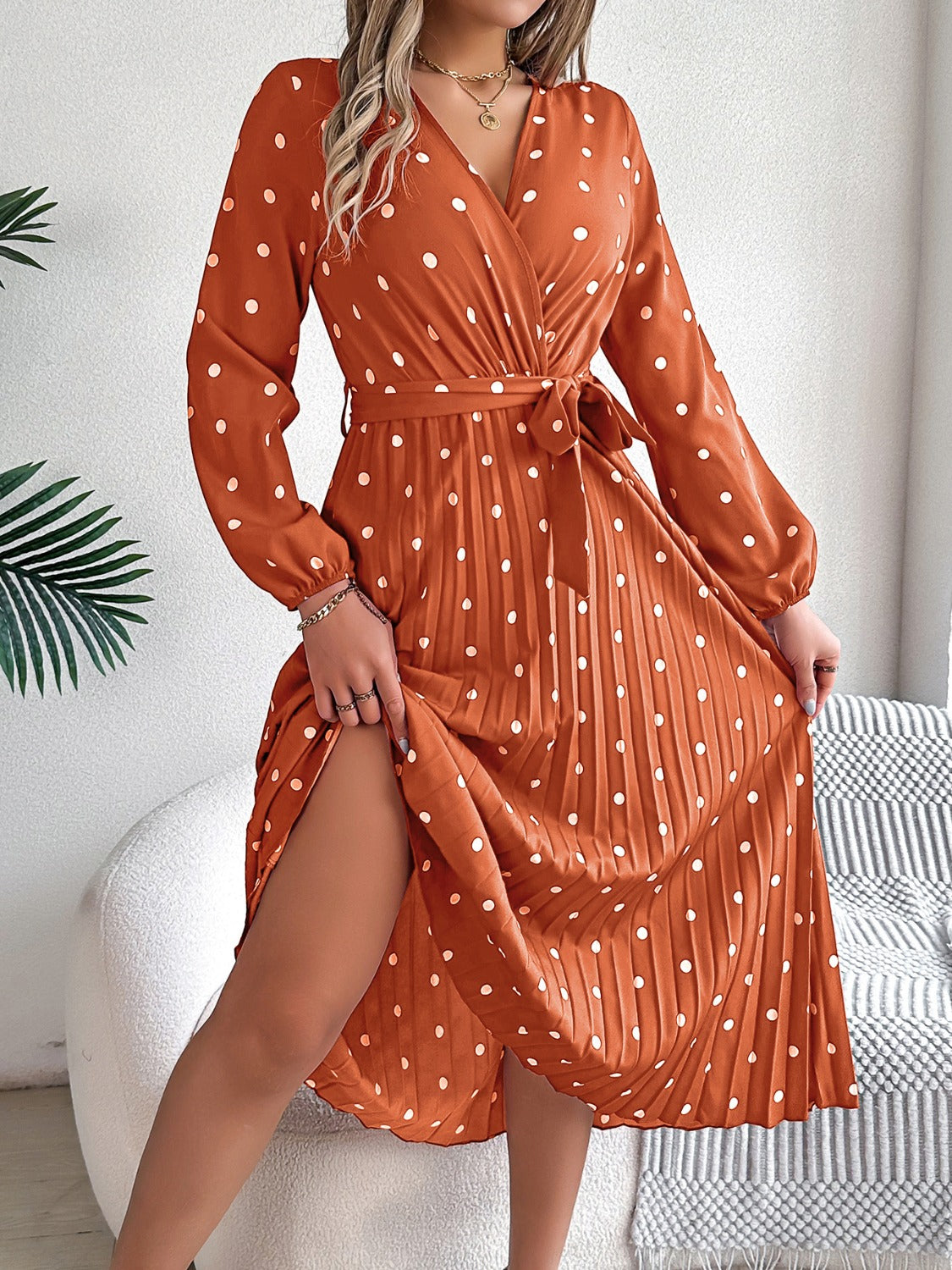 Tied Polka Dot Long Sleeve Midi Dress Trandify deal