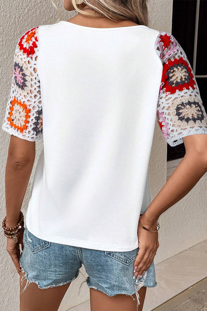 Geometric Round Neck Short Sleeve Blouse - Trandify Deal