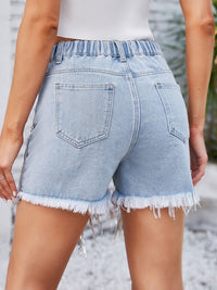 Distressed Pearl Trim Denim Shorts with Pockets Trandify deal