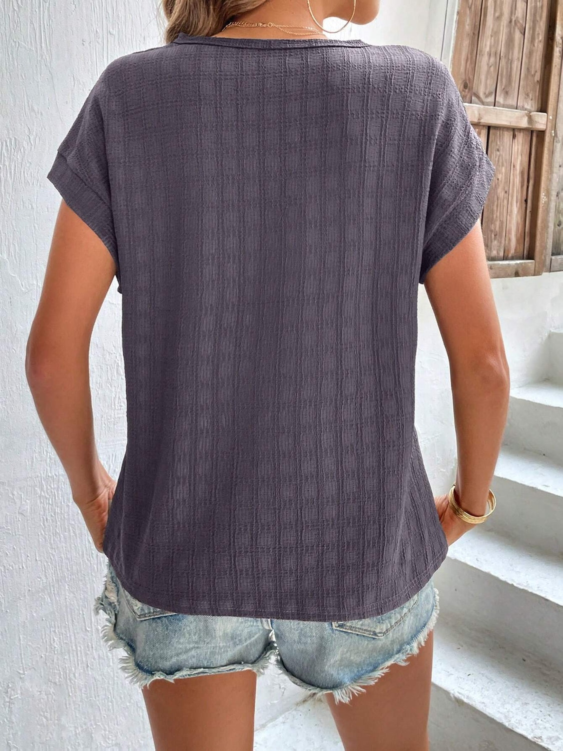 Textured Round Neck Short Sleeve Top Trandify deal