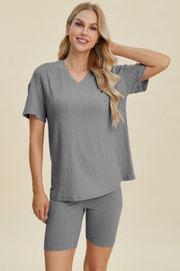 Basic Bae Full Size Ribbed V-Neck Short Sleeve Top and Shorts Set Trandify deal
