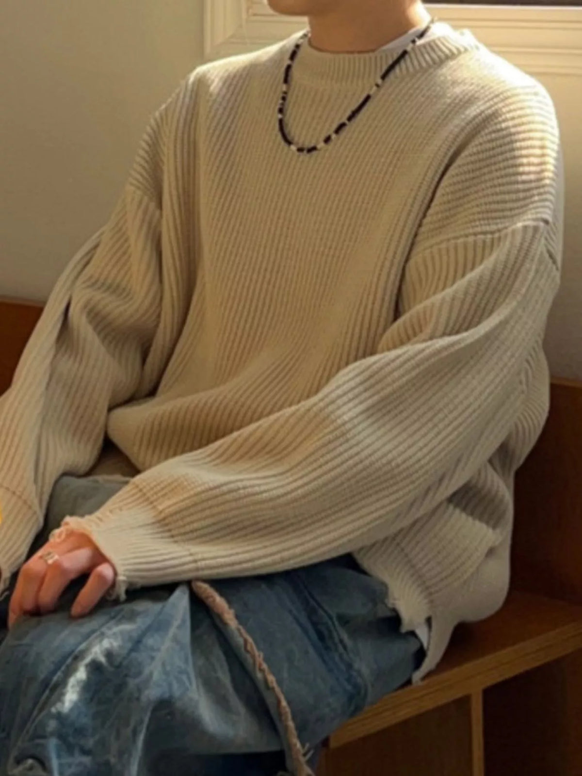 Men's Oversized Sweater - Distressed Raw Hem Drop Shoulder