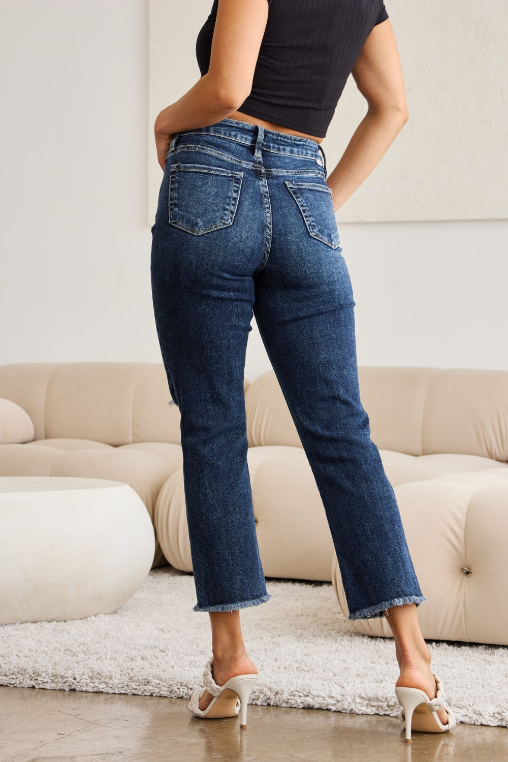 RFM Full Size Tummy Control Distressed High Waist Raw Hem Jeans Trandify deal