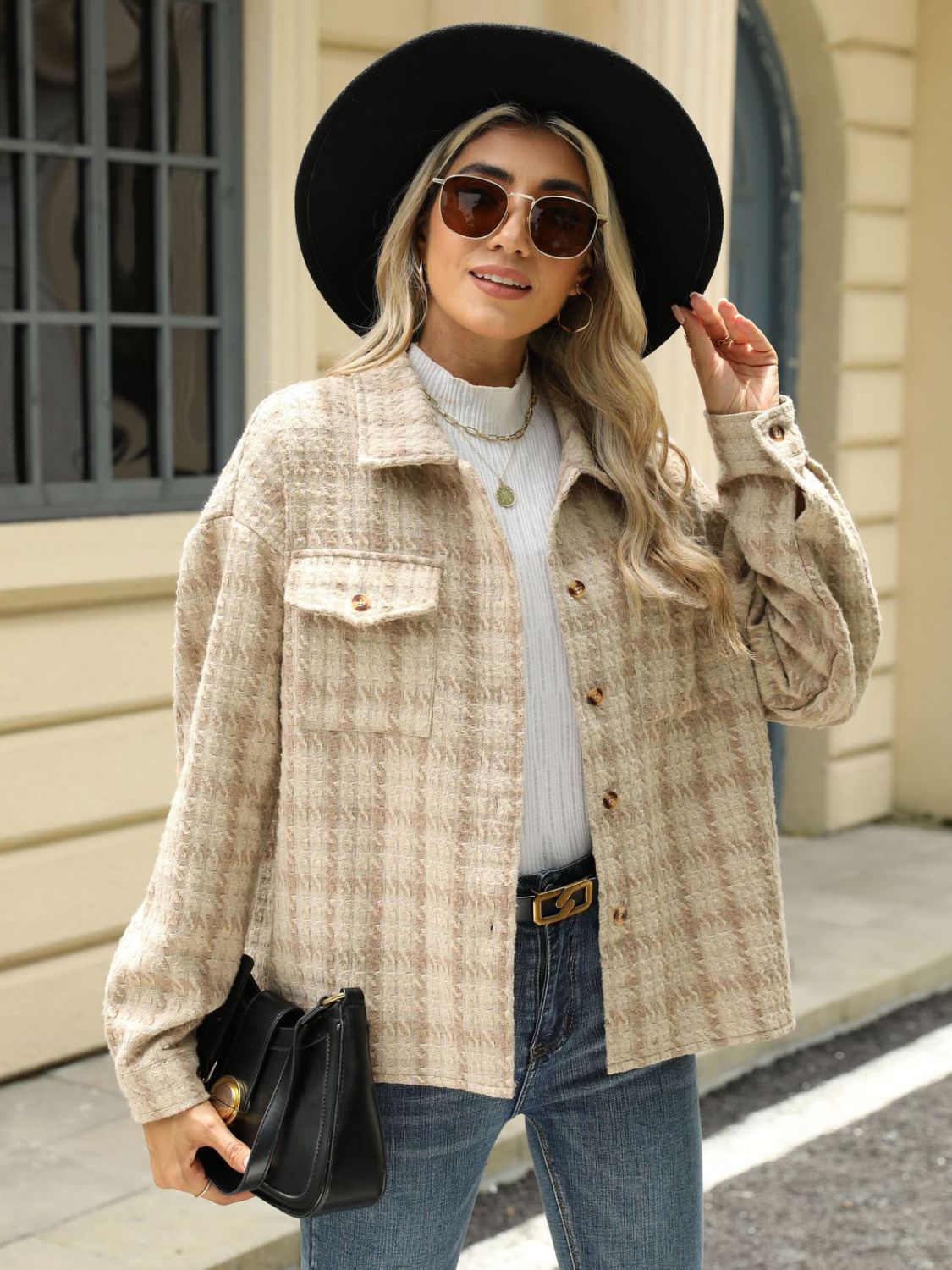 Plaid Collared Neck Long Sleeve Jacket Trandify Deal