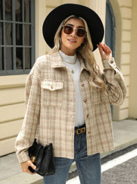 Plaid Collared Neck Long Sleeve Jacket Trandify Deal