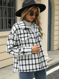 Plaid Collared Neck Long Sleeve Jacket Trandify Deal