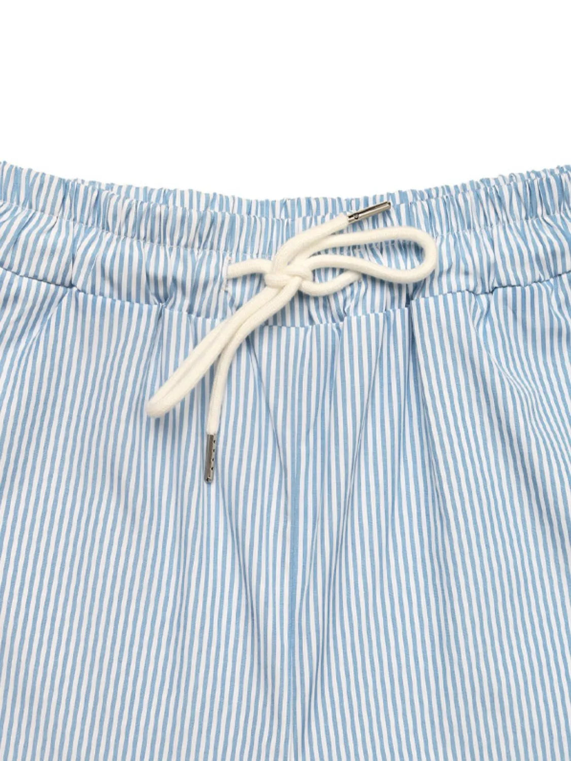 Drawstring Striped Wide Leg Cargo Pants in Light Blue shown on a model, featuring side stripes and large cargo pockets.