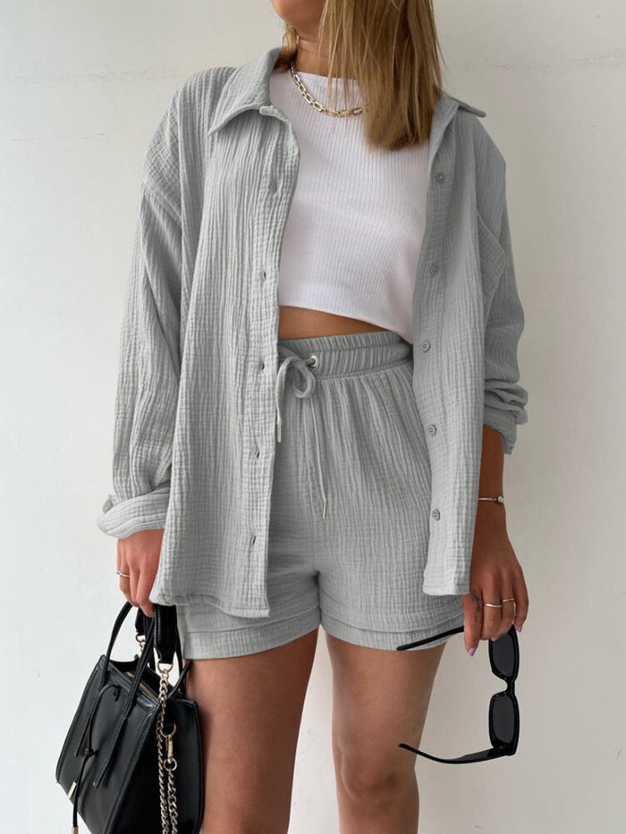 Texture Button Up Shirt and Drawstring Shorts Set Trandify deal