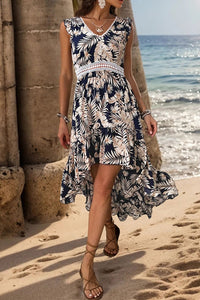 Perfee High-Low Printed V-Neck Cap Sleeve Midi Dress Trandify deal
