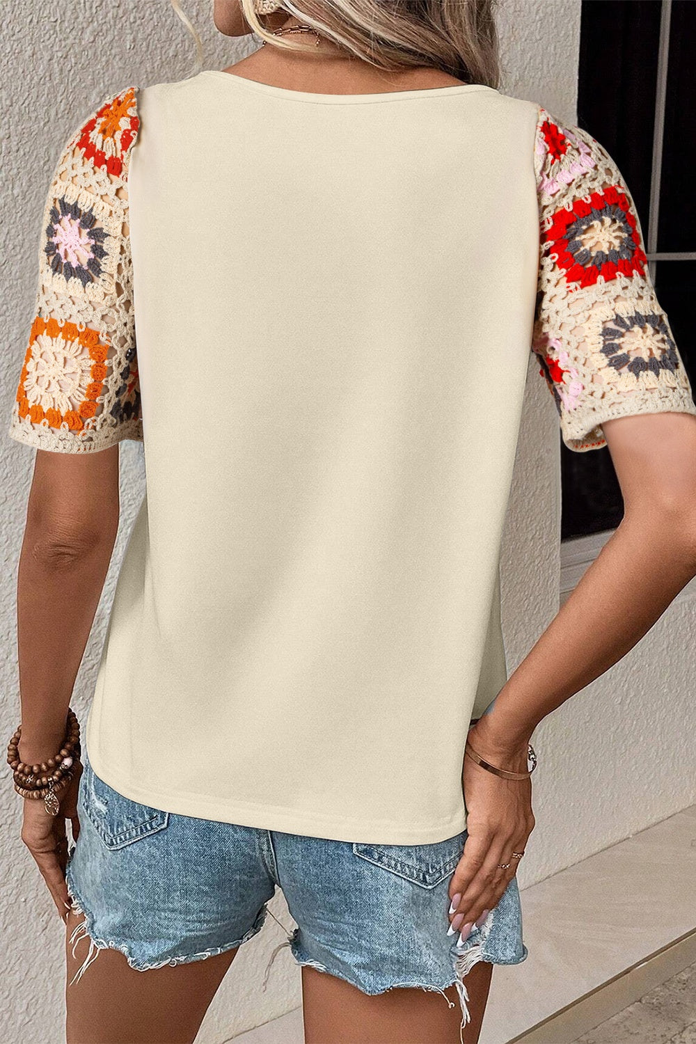 Geometric Round Neck Short Sleeve Blouse - Trandify Deal