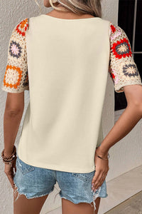 Geometric Round Neck Short Sleeve Blouse - Trandify Deal