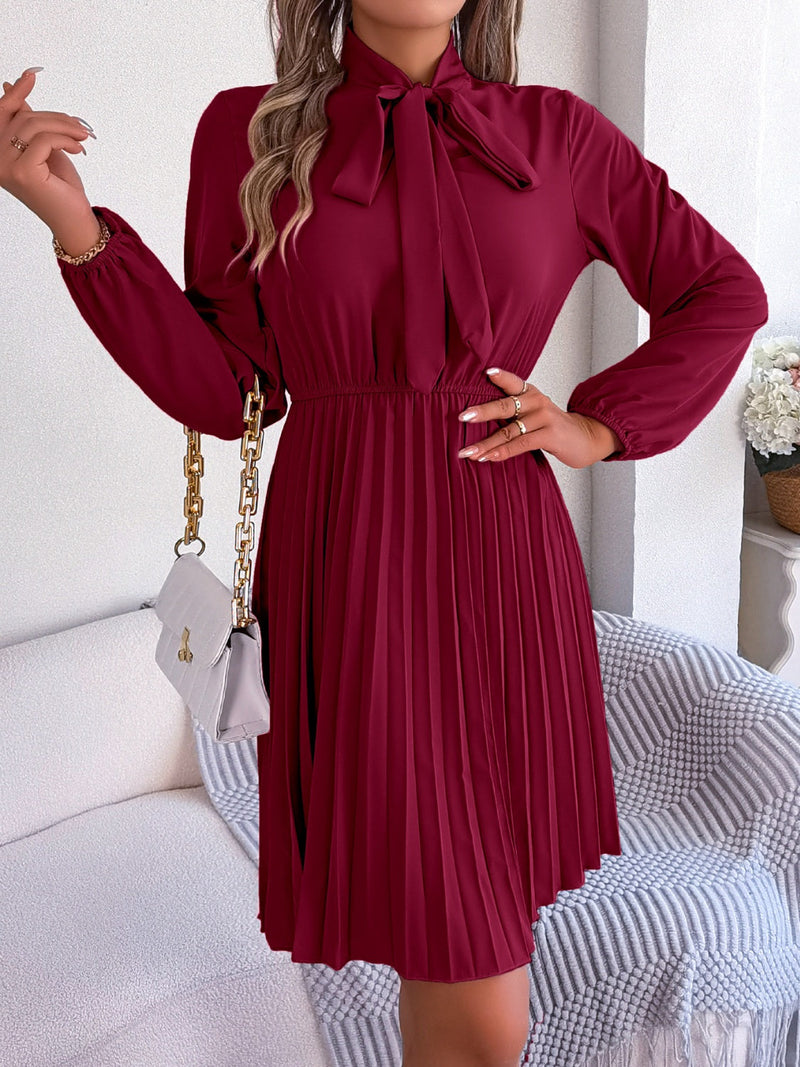 Tie Neck Balloon Sleeve Pleated Dress Trandify deal