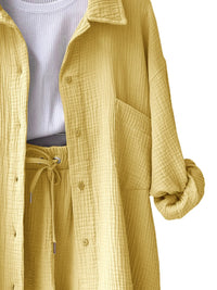 Trendy linen-blend two-piece set for women, stylish matching shirt and shorts