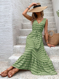 Perfee Printed V-Neck Tie Waist Midi Dress - Trandify Deal
