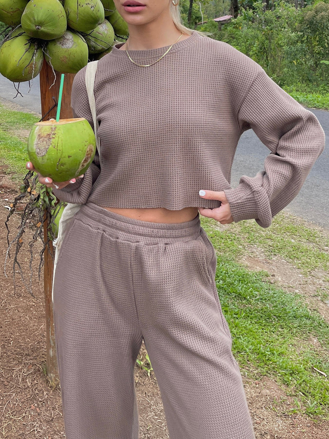 Waffle-Knit Round Neck Top and Pants Set Trandify deal