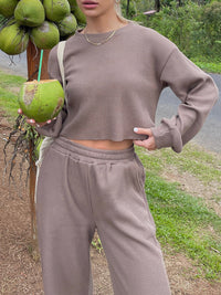 Waffle-Knit Round Neck Top and Pants Set Trandify deal