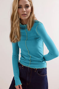 Basic Bae Contrast Trim Mock Neck Long Sleeve T-Shirt Trandify Deal