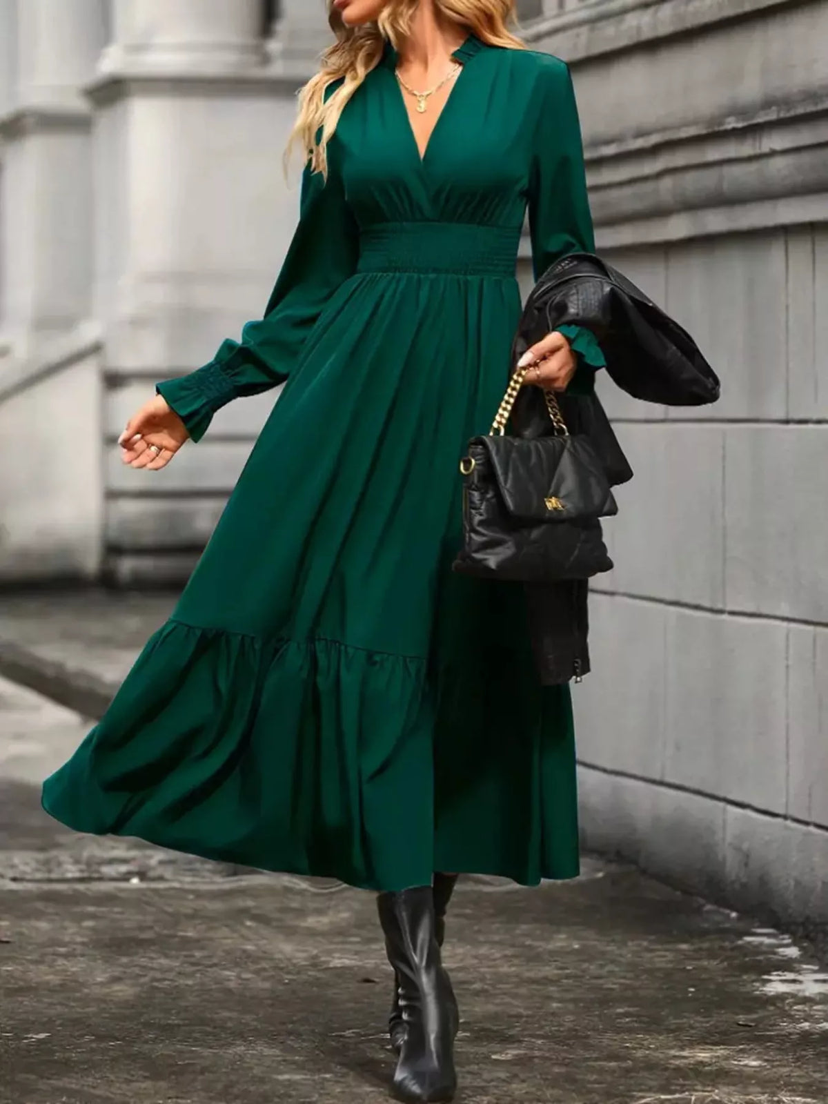 Ruched Midi Dress Long Sleeve Tiered Bodycon - Regular & Plus Size