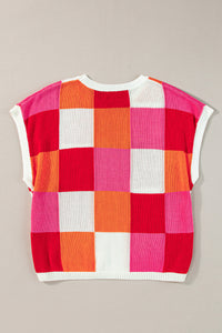 Contrast Plaid Round Neck Cap Sleeve Sweater Trandify Deal