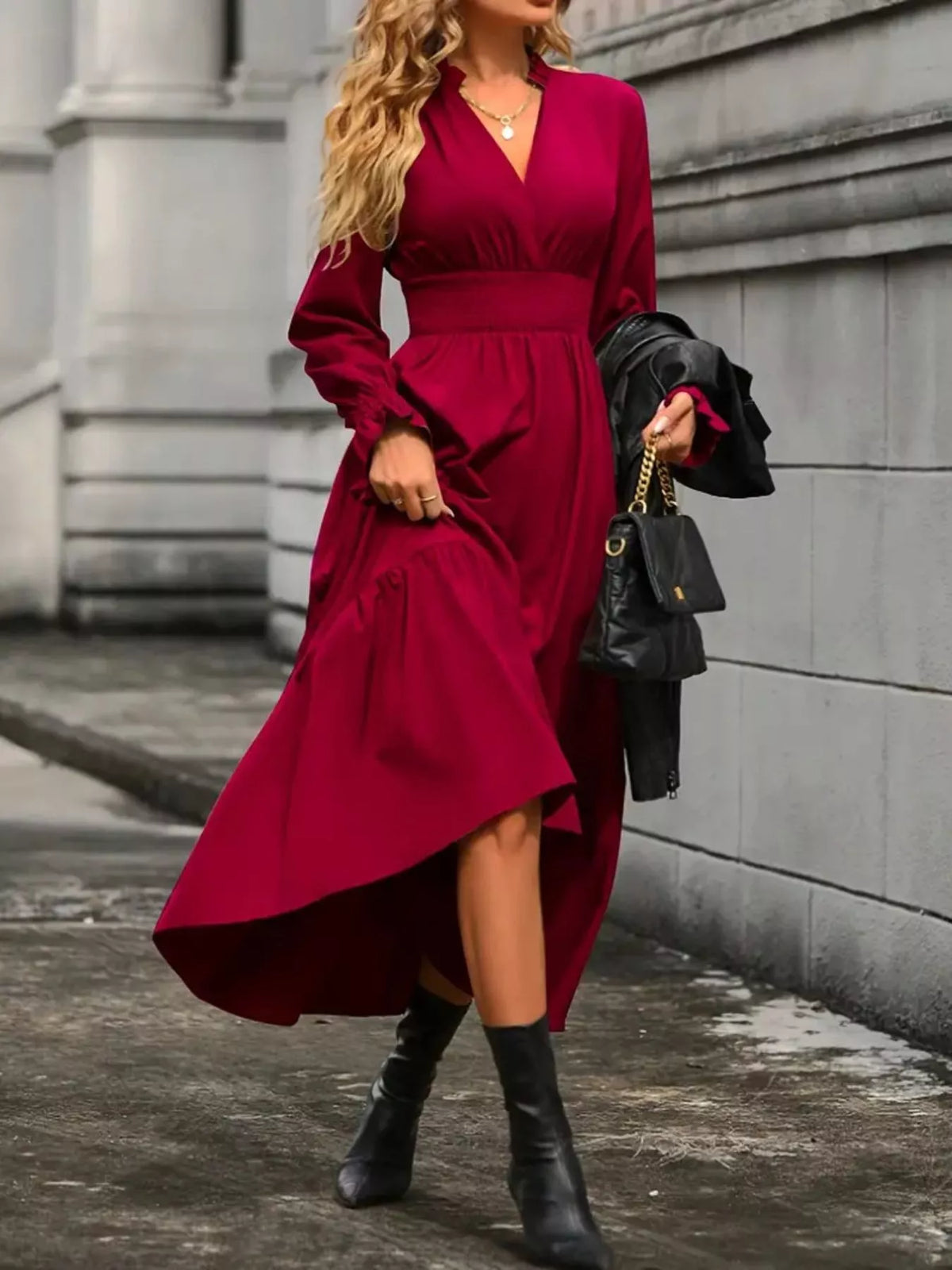 Ruched Midi Dress Long Sleeve Tiered Bodycon - Regular & Plus Size