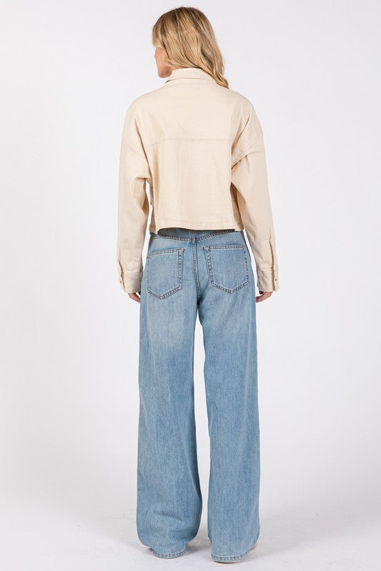 bytos Button Down Cropped Denim Jacket with Patch Pockets Trandify Deal