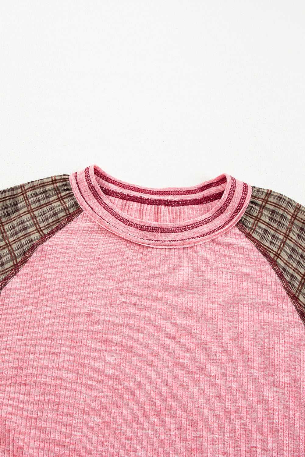Plaid Floral Patchwork Round Neck Long Sleeve Top Trandify Deal