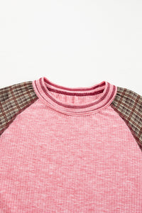 Plaid Floral Patchwork Round Neck Long Sleeve Top Trandify Deal