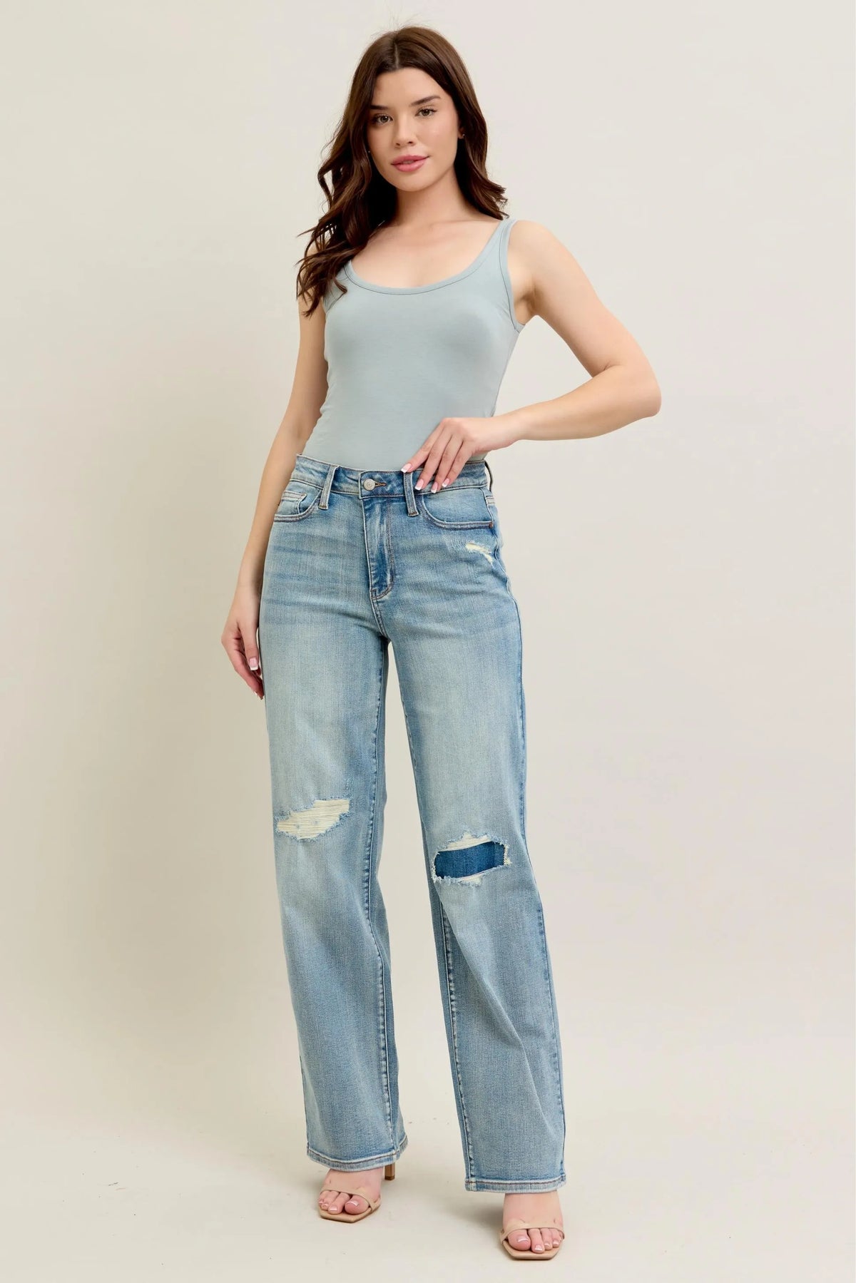 Judy Blue Destroyed Knee Patch Jeans women's straight leg destroyed detail denim