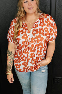 Plus Size Printed Tie Neck Short Sleeve Blouse Trandify deal