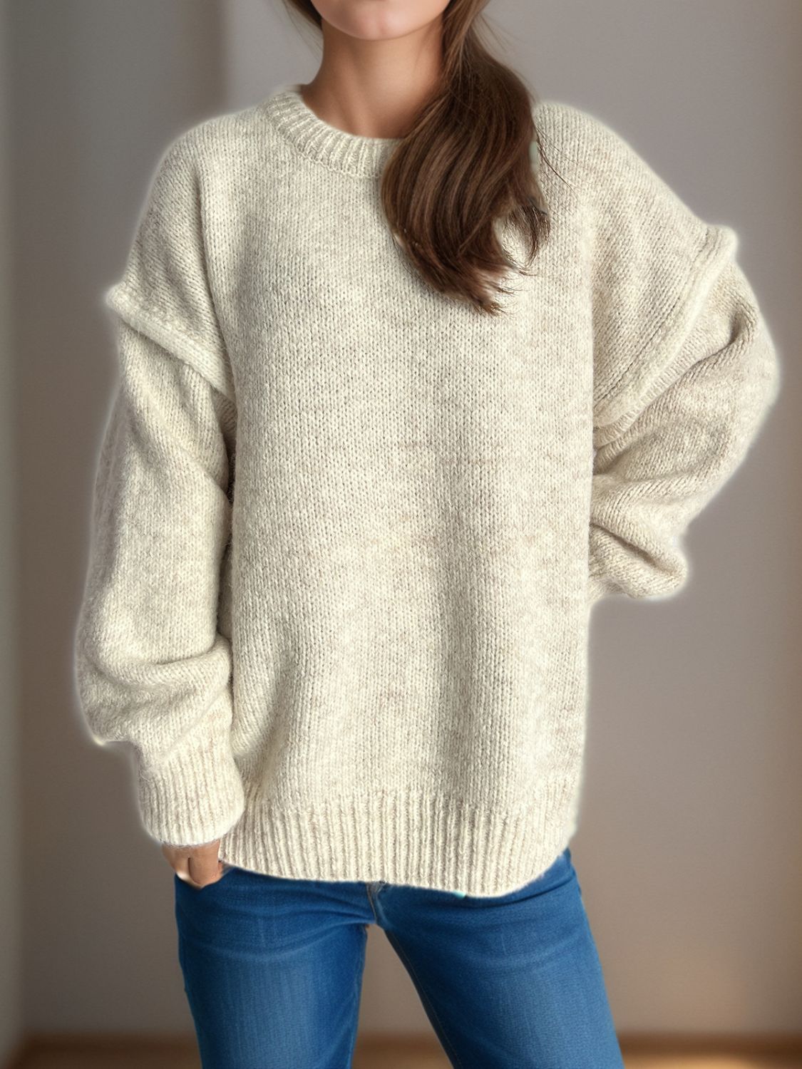 Contrast Trim Round Neck Dropped Shoulder Sweater Trandify Deal