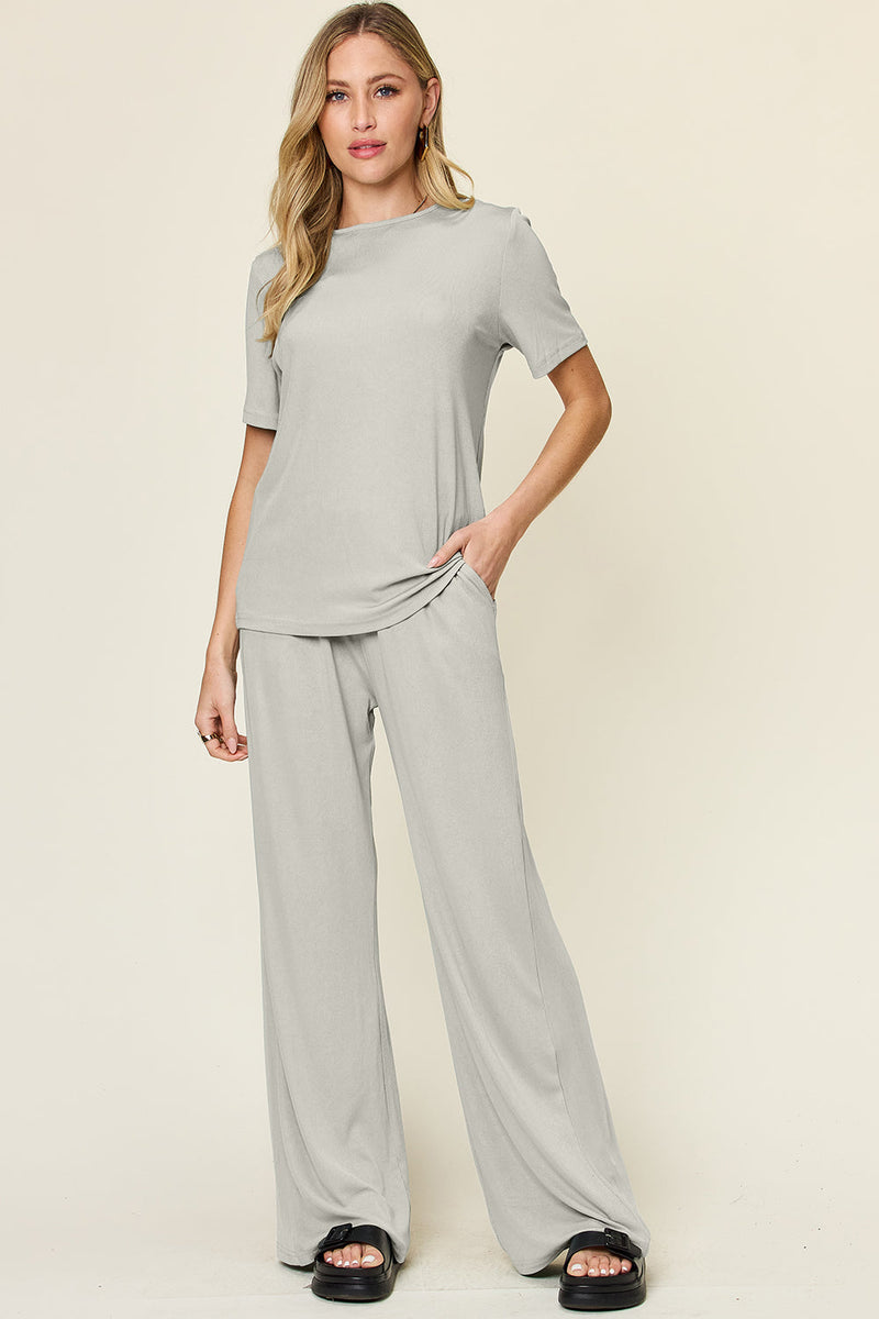 Double Take Full Size Round Neck Short Sleeve T-Shirt and Wide Leg Pants Set Trandify Deal