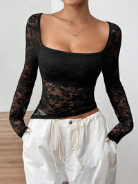 Square Neck Long Sleeve Lace Top Trandify Deal