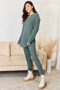 Basic Bae Full Size Notched Long Sleeve Top and Pants Set Trandify Deal