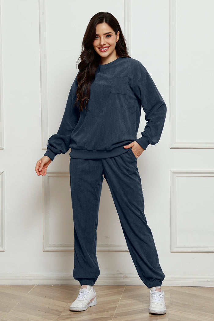 Corduroy Round Neck Sweatshirt and Sweatpants Set Trandify Deal