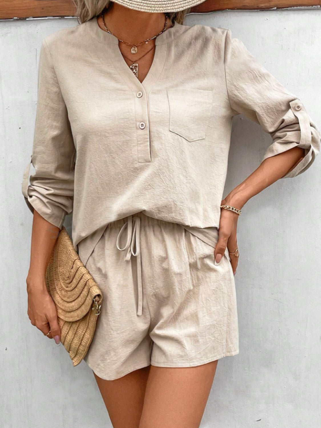 Notched Long Sleeve Top and Shorts Set Trandify deal