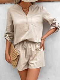 Notched Long Sleeve Top and Shorts Set Trandify deal