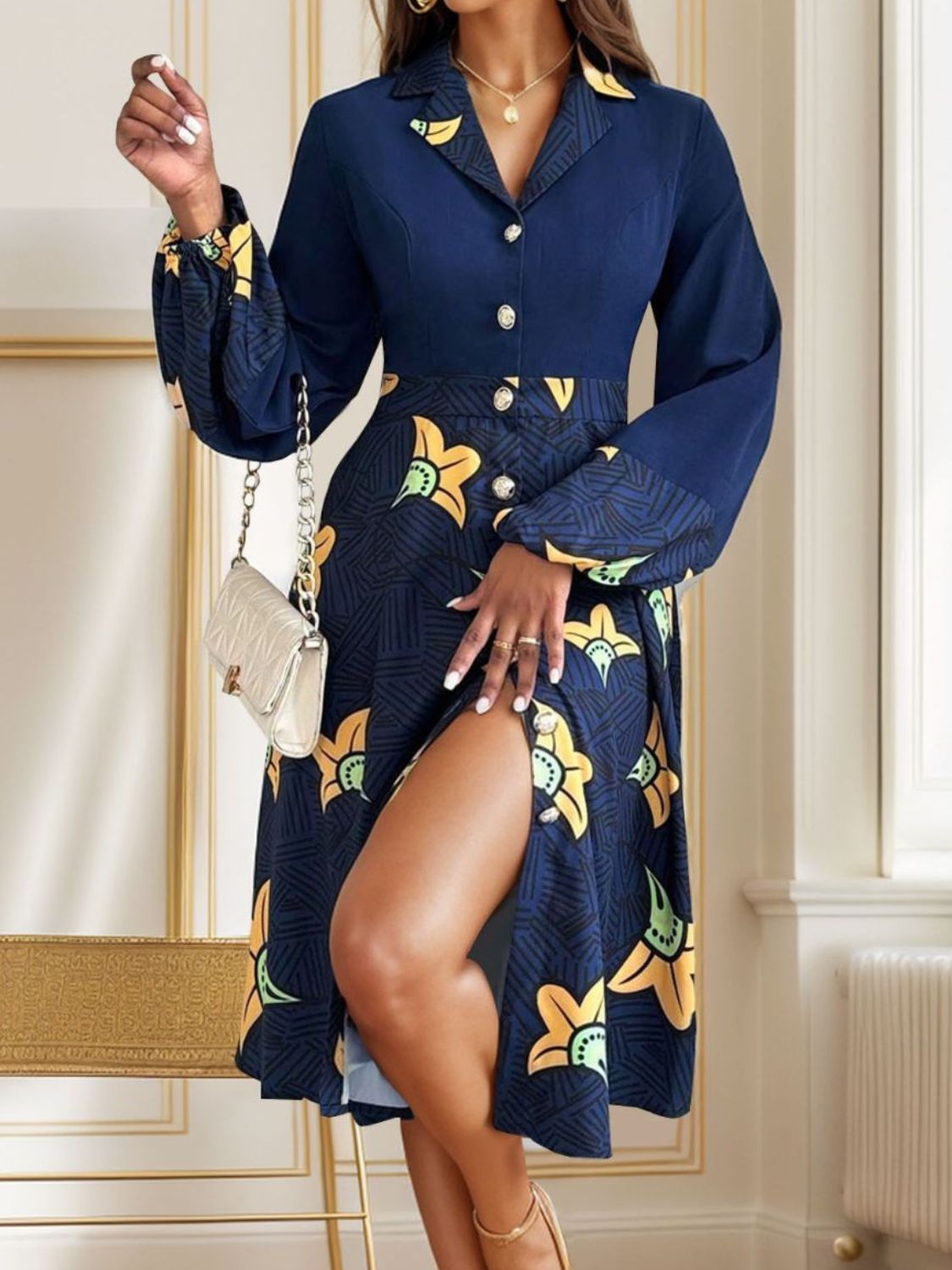 Printed Collared Neck Long Sleeve Dress Trandify Deal