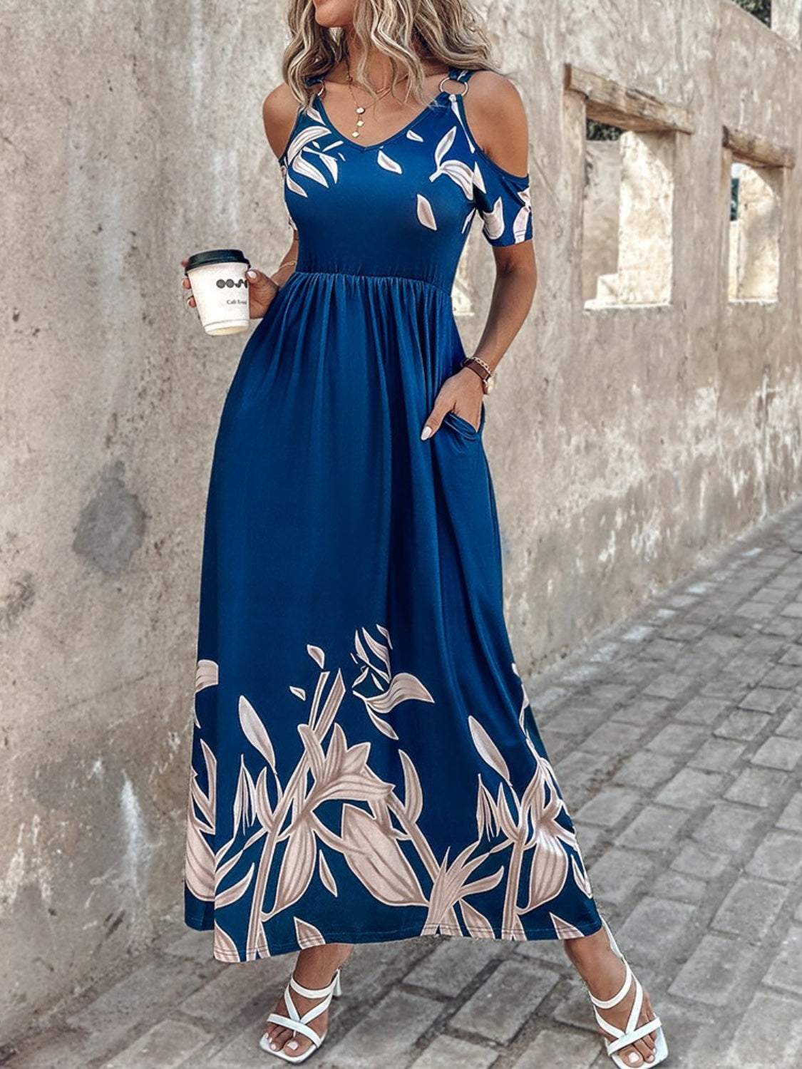 Printed Cold Shoulder Short Sleeve Maxi Dress Trandify Deal
