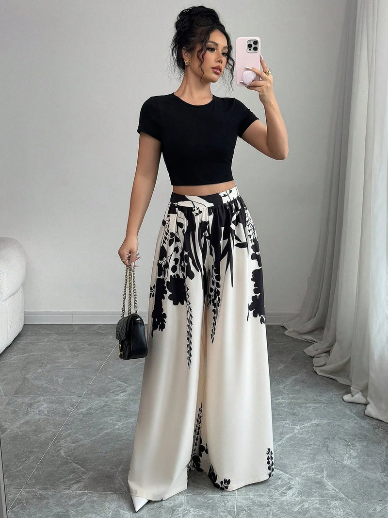 Printed Wide Leg Pants with floral boho pattern model walking