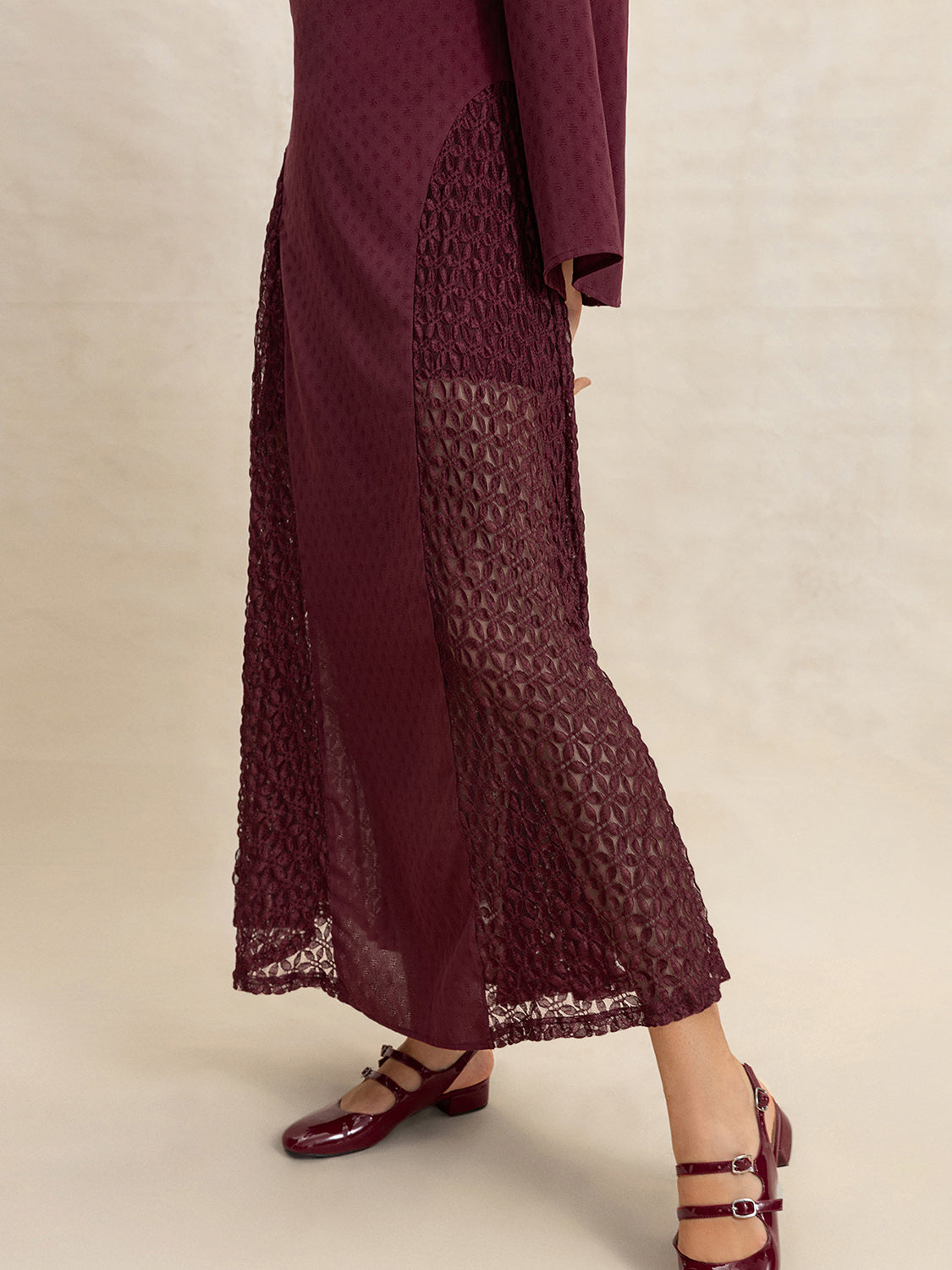 Lace Patchwork V-Neck Long Sleeve Midi Dress Trandify Deal