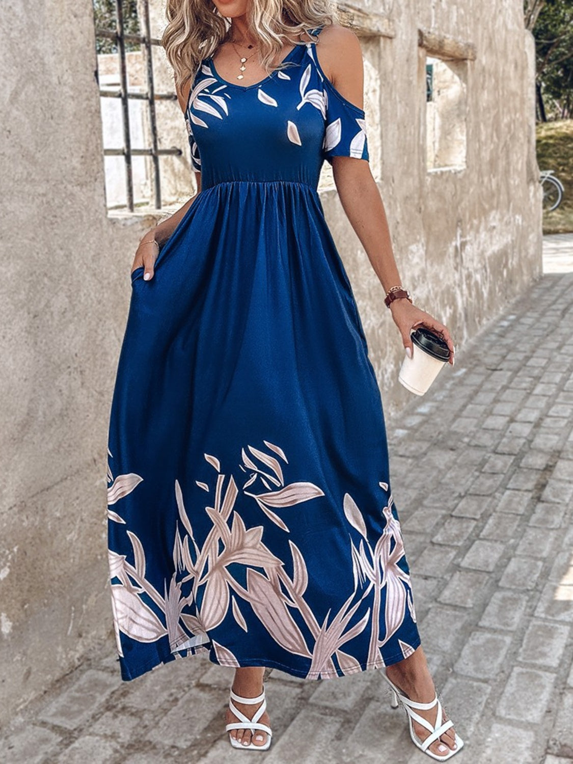 Printed Cold Shoulder Short Sleeve Maxi Dress Trandify Deal