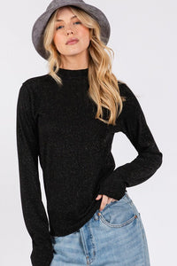 SAGE + FIG Glitter Mock Neck Lettuce Hem Long Sleeve Top Trandify Deal
