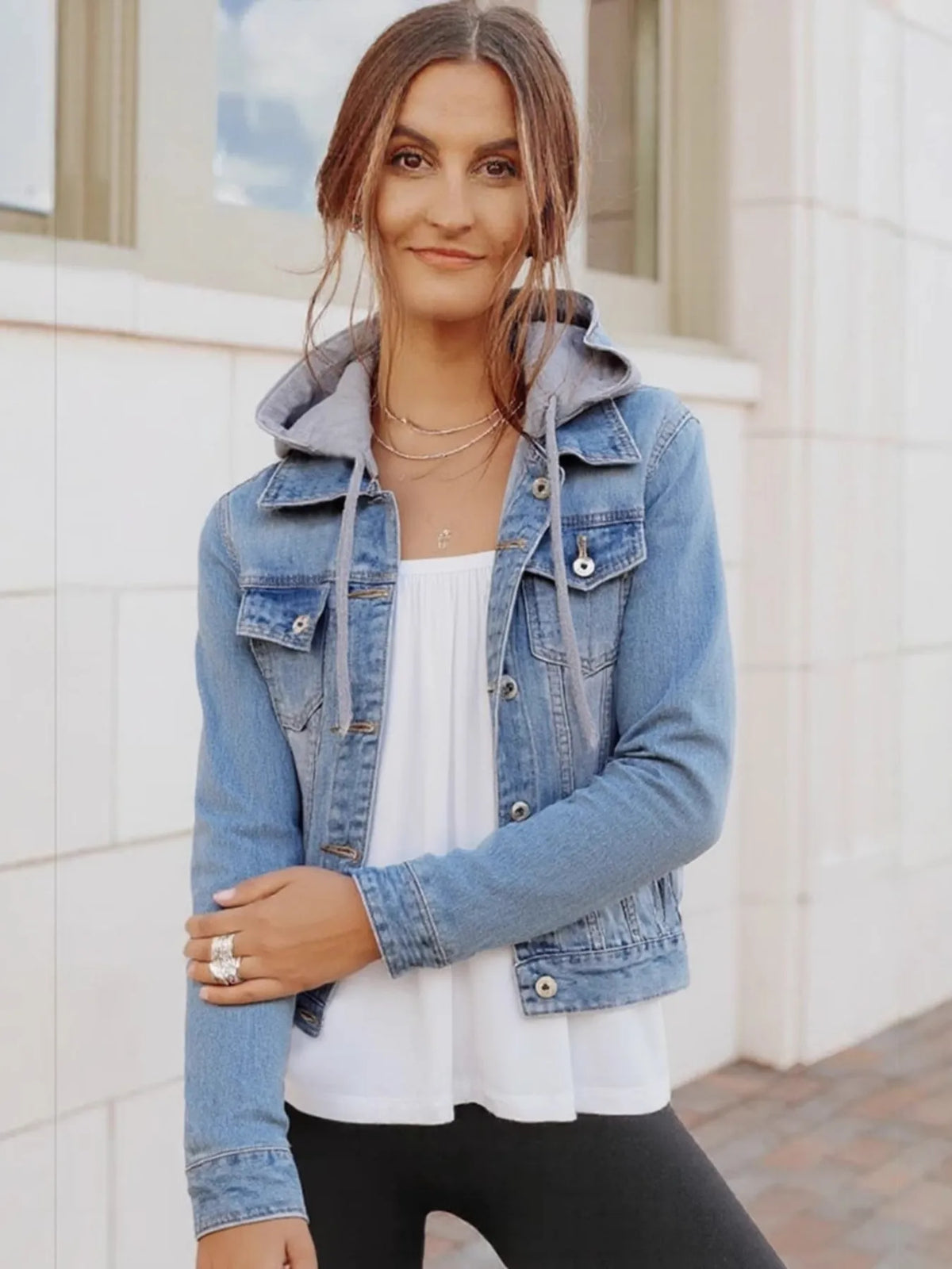 Women’s Oversized Hooded Denim Jacket – Button-Up Drawstring Waist – Plus Size Fashion